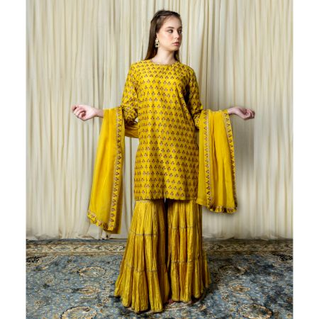 Yellow Short kurta with Tiered Sharara Set
